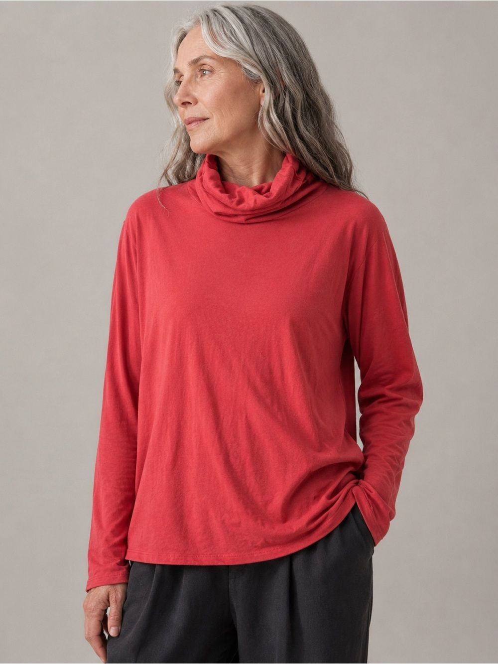 Eileen Fisher Red Fine Jersey Scrunch Neck Turtleneck Top Size Medium
